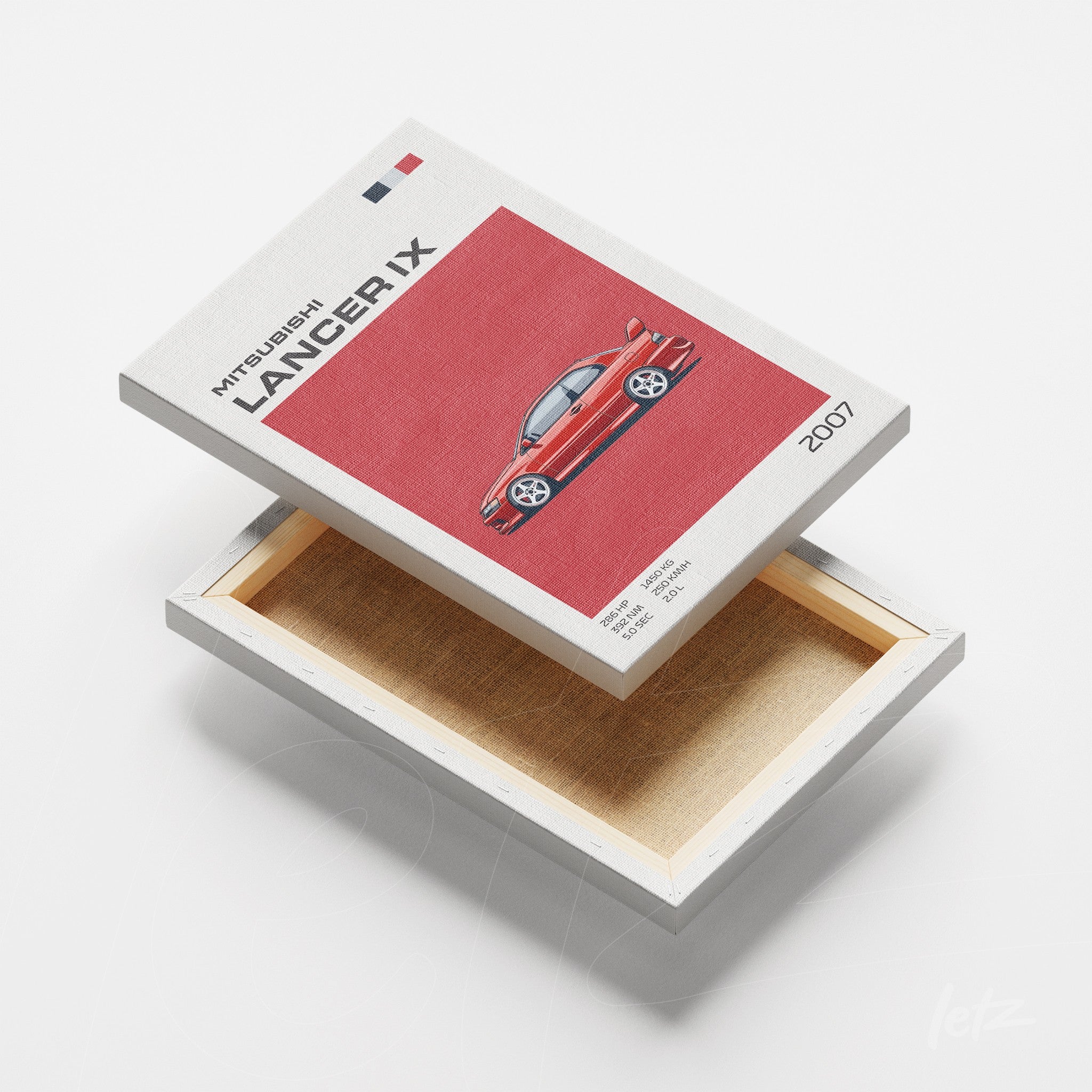 quadro em canvas com ilustração do carro Mitsubishi Lancer IX vermelho, fundo vermelho e detalhes em branco e azul