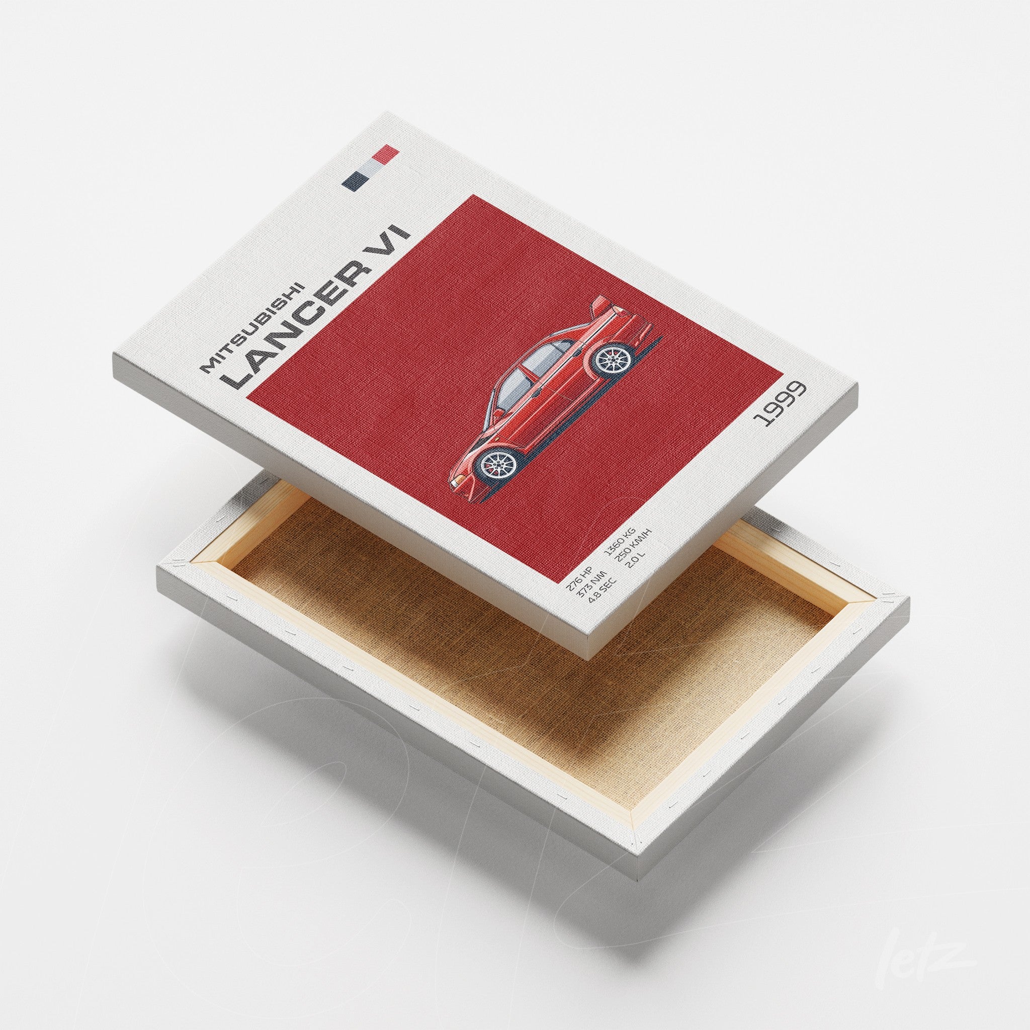 quadro em canvas com ilustração minimalista do carro Mitsubishi Lancer VI em fundo vermelho