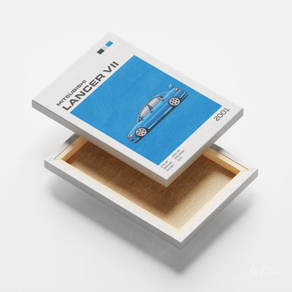 quadro em canvas com ilustração estilizada do Mitsubishi Lancer VII azul sobre fundo azul