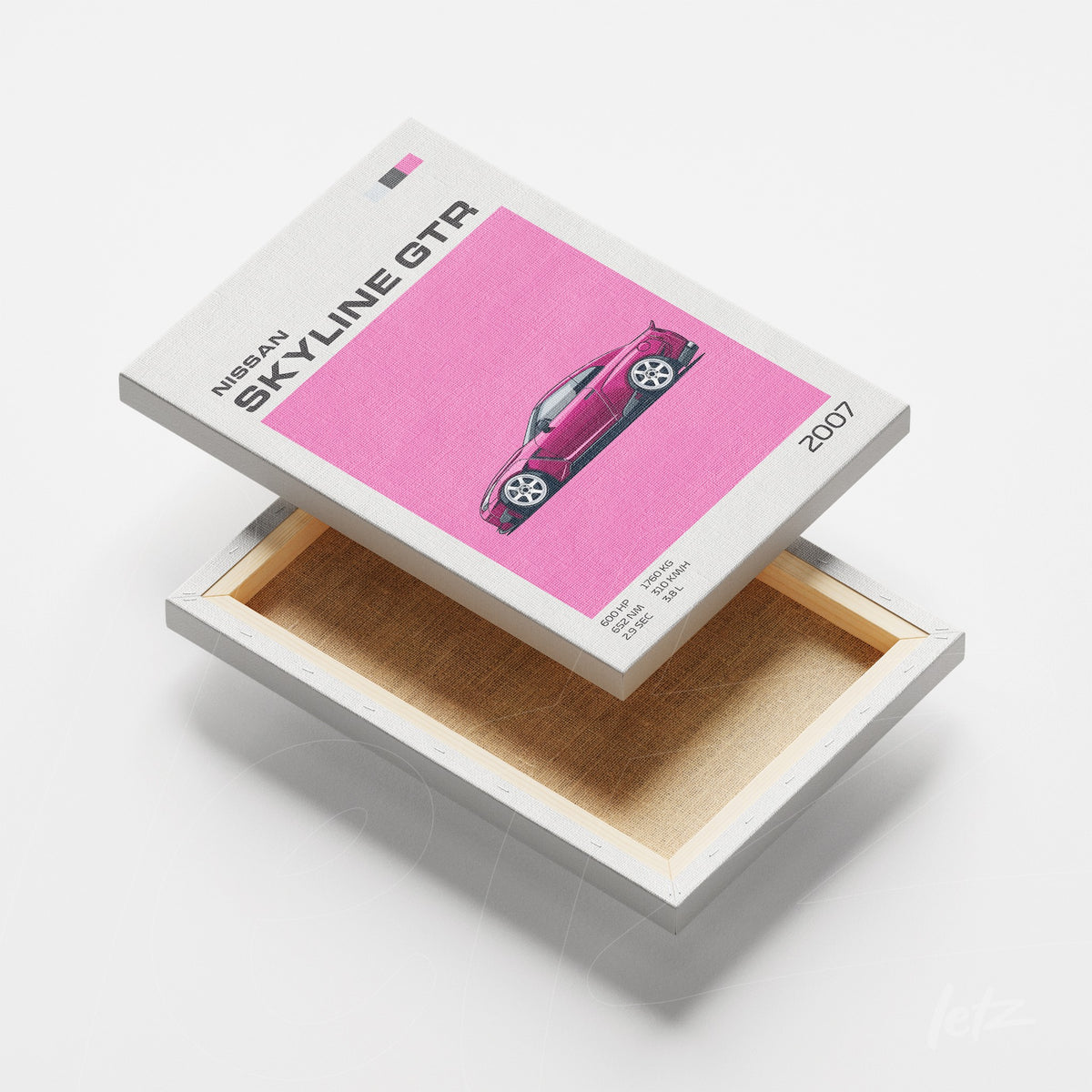 quadro em canvas com arte do carro Nissan Skyline GTR de 2007 em fundo rosa