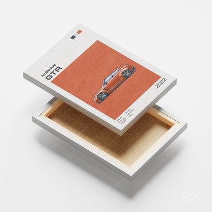 quadro de carro esportivo Nissan GTR 2022 em tela canvas com fundo laranja e moldura branca