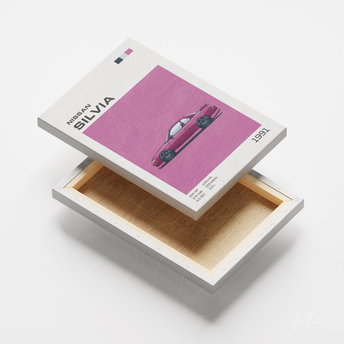 arte digital de um carro Nissan Silvia de 1991 em tela canvas com fundo roxo e detalhes em cinza