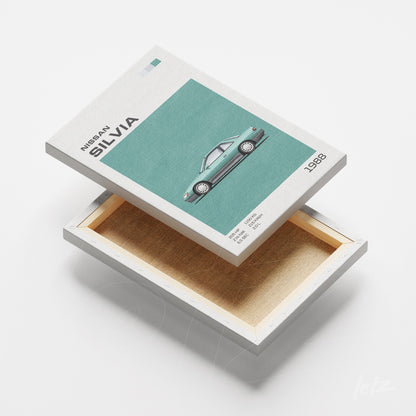 quadro de canvas com ilustração do carro Nissan Silvia de 1988 em fundo verde e moldura branca