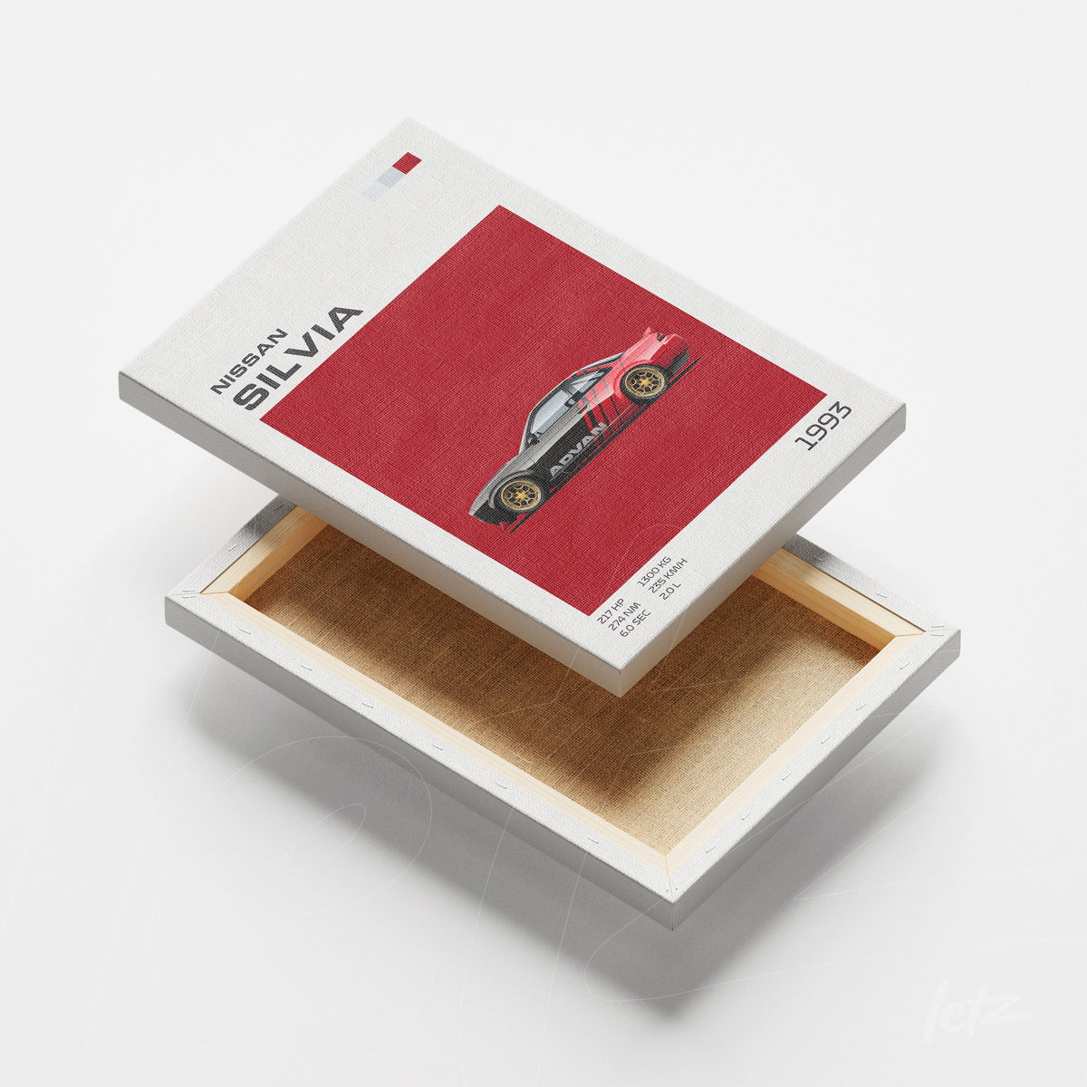 quadro em canvas do carro Nissan Silvia com design minimalista em fundo vermelho e moldura branca
