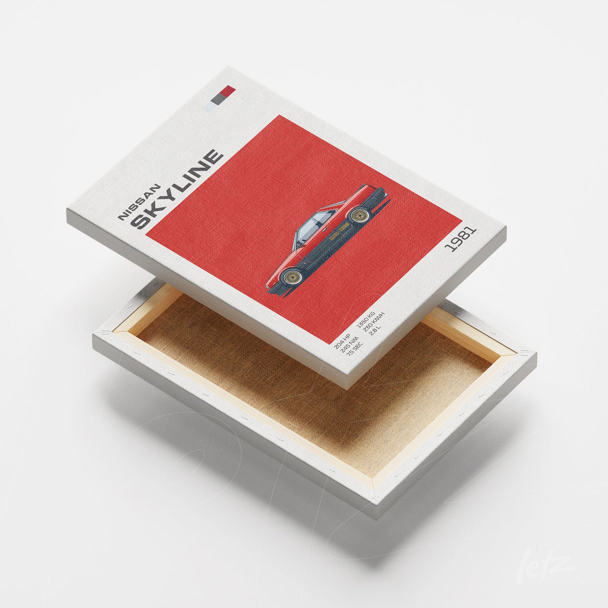 quadro em canvas com arte digital do carro Nissan Skyline de 1981, fundo vermelho e moldura branca