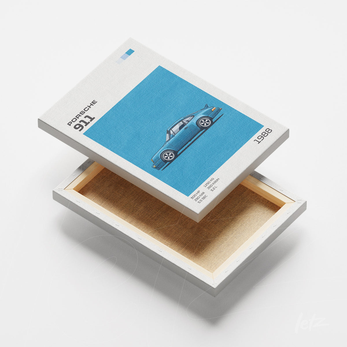 quadro em canvas com ilustração estilizada do carro Porsche 911 de 1988 em fundo azul claro