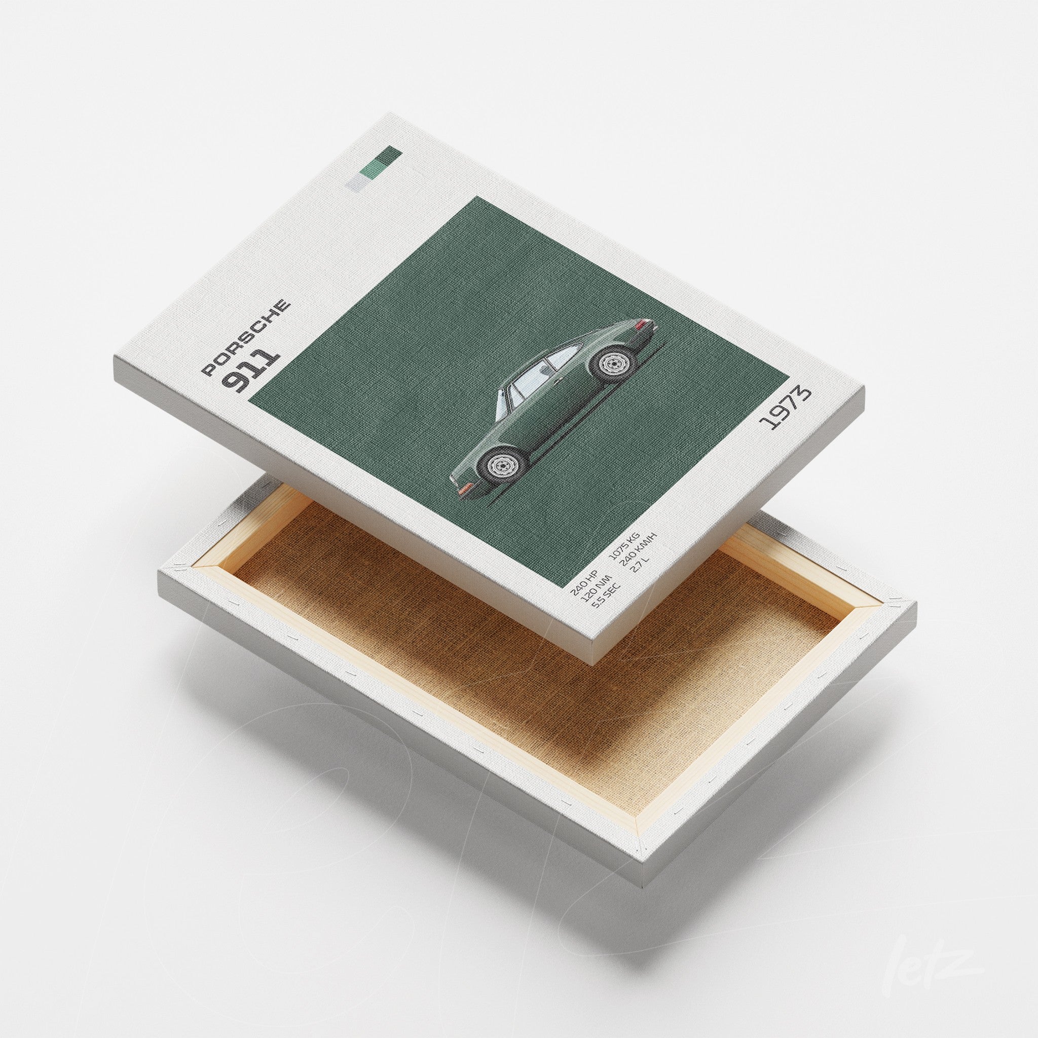 quadro em canvas com ilustração do carro Porsche 911 de 1973 em fundo verde texturizado