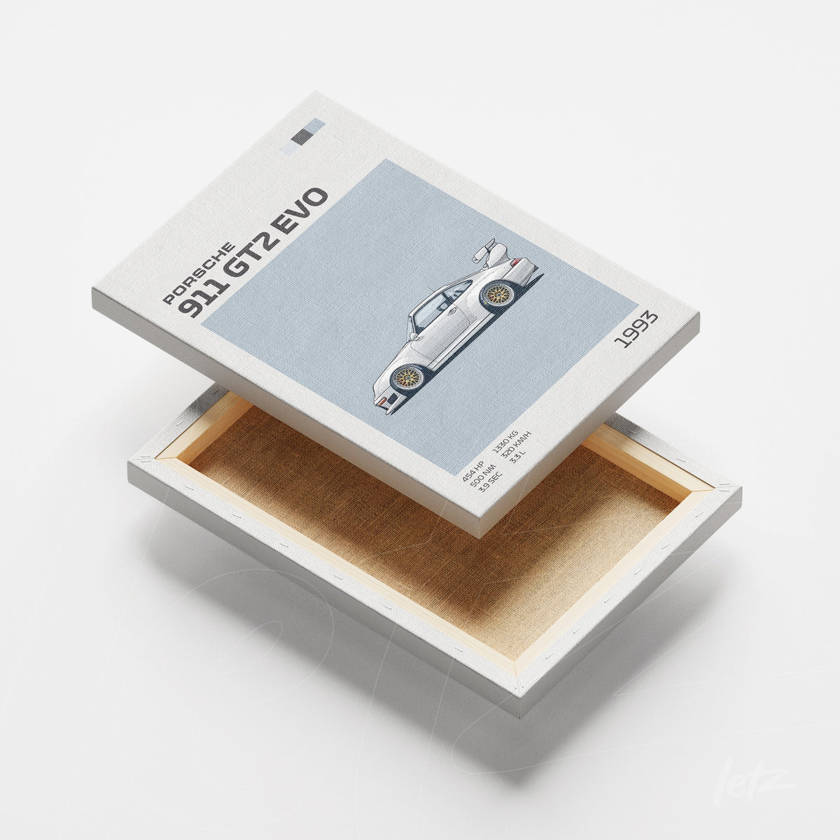 quadro em canvas com ilustração vintage do carro Porsche 911 GT2 EVO em fundo claro