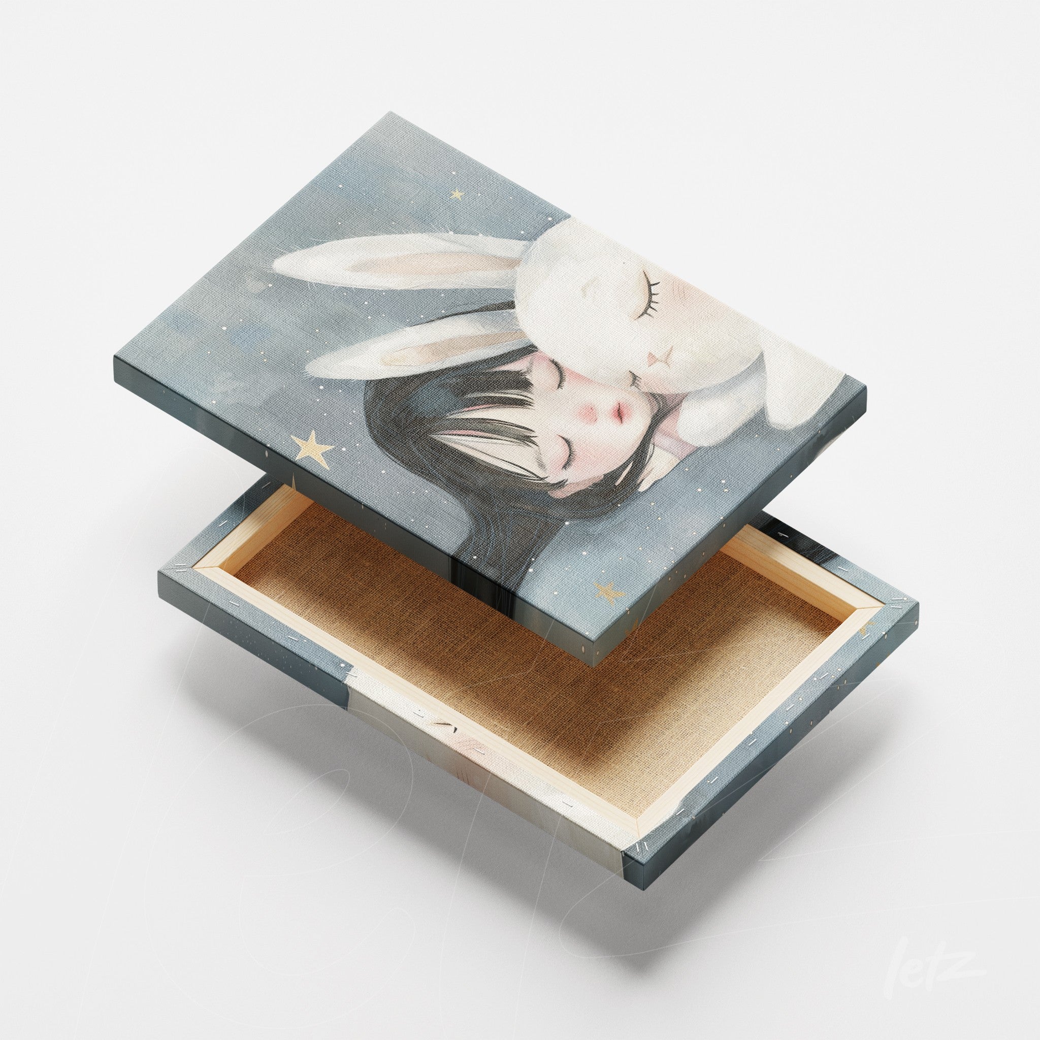 caixa decorativa com ilustração de menina abraçando um coelho em fundo azul estrelado