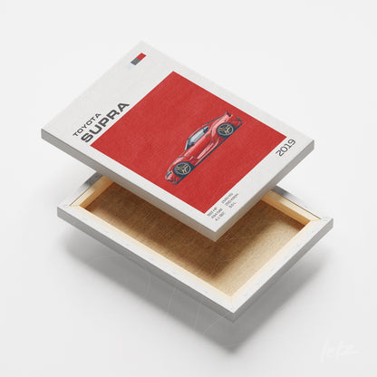 quadro de canvas com arte do carro Toyota Supra 2019 em fundo vermelho