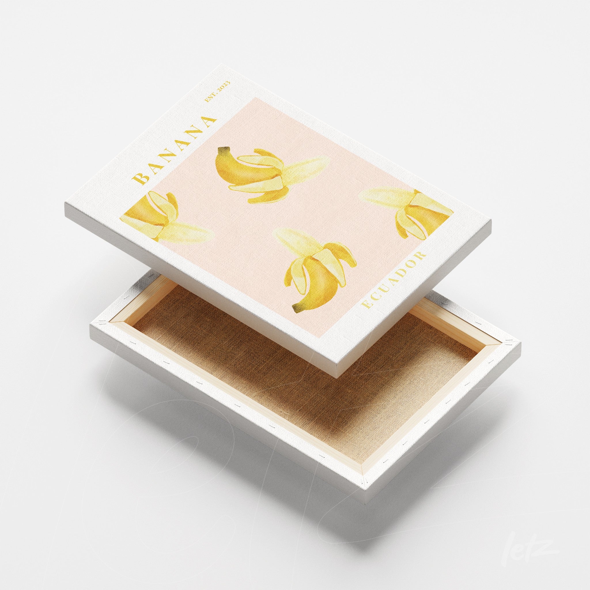 quadro em canvas com ilustração de bananas em fundo rosa, moldura branca