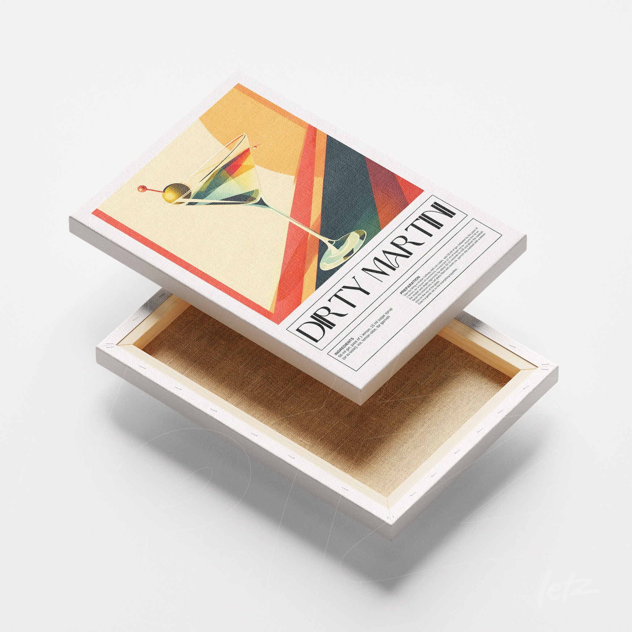 quadro em canvas com arte vintage do drink dirty martini em fundo vermelho e amarelo