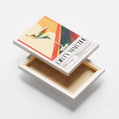 quadro em canvas com arte vintage do drink dirty martini em fundo vermelho e amarelo