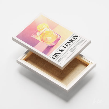 quadro em canvas com arte retrô de drink gin com limão, fundo em gradiente pastel