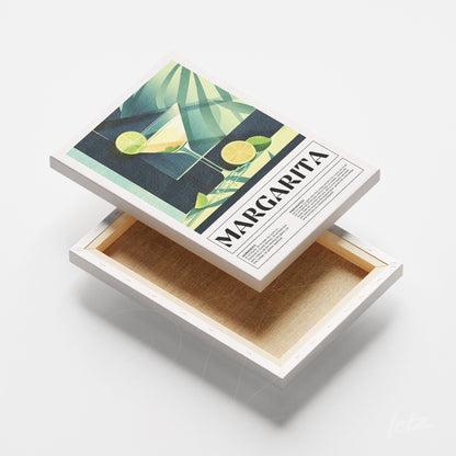 quadro em tela canvas com arte de coquetel margarita, fundo em tons verdes e detalhes de limão
