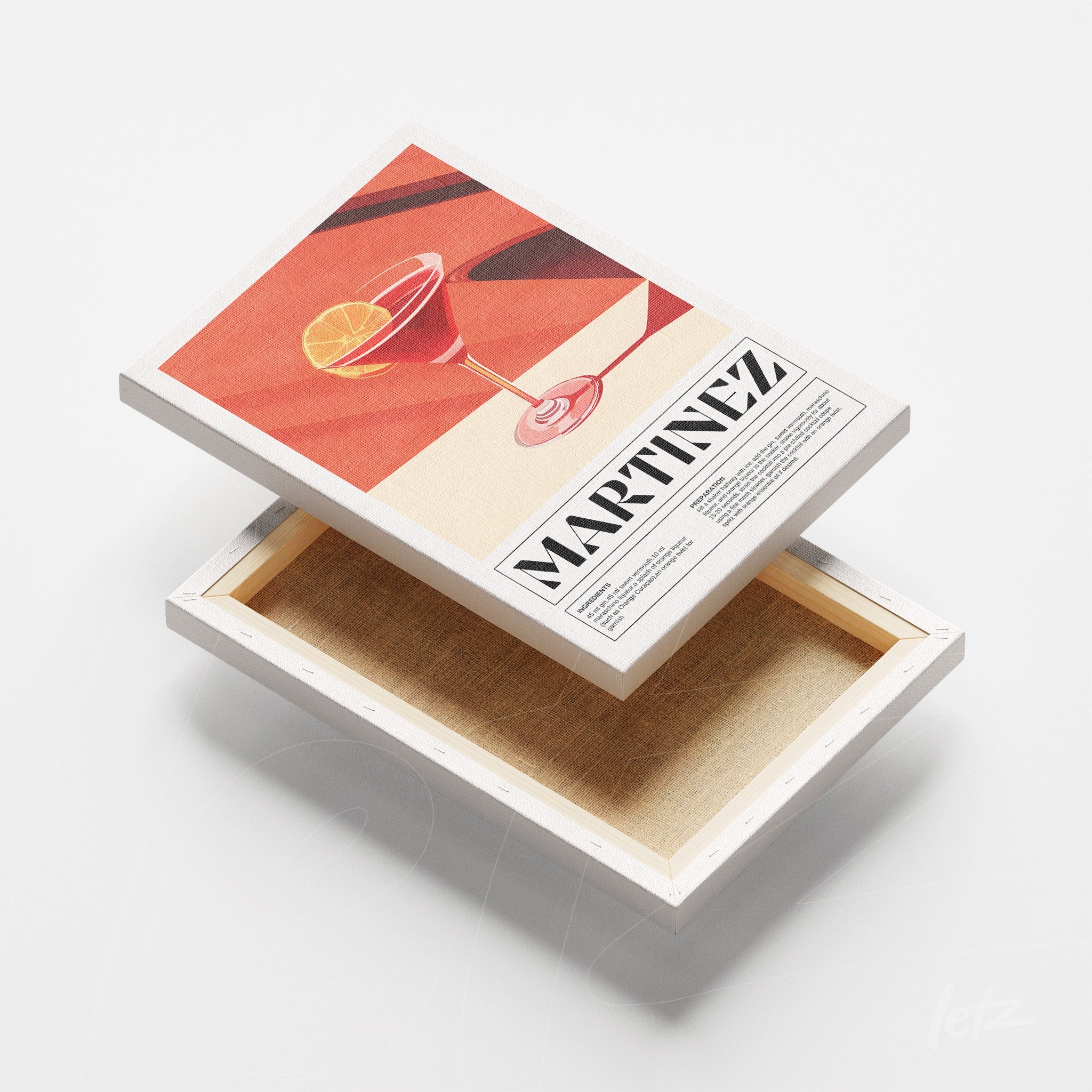 quadro em canvas com arte retrô do drink martinez destacando fundo em tons de vermelho e composição minimalista