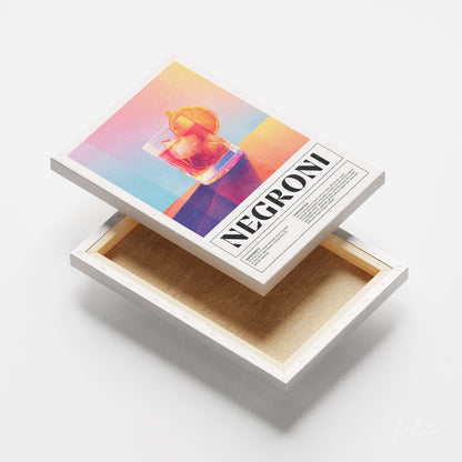 quadro em canvas com arte moderna de drink negroni com fundo em gradiente de cores suaves
