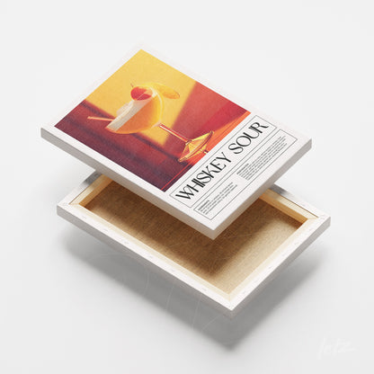 quadro em canvas do drink whiskey sour com fundo em tons quentes e detalhes vintage