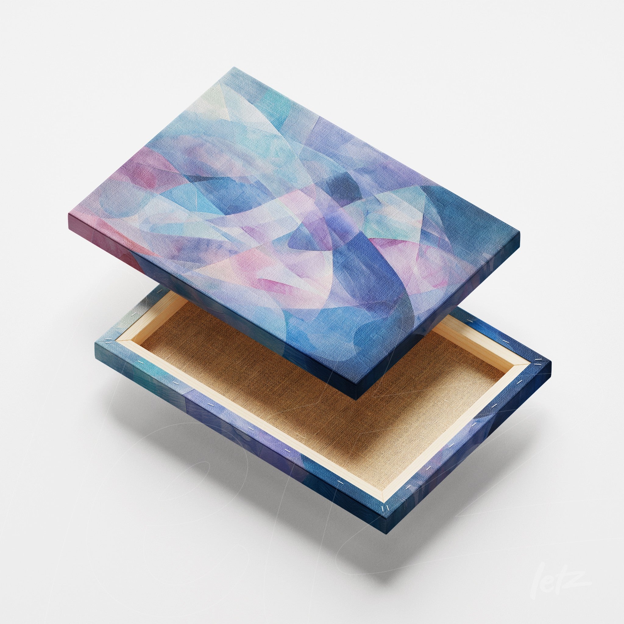 quadro em canvas com arte abstrata em tons de azul e rosa, apresentando formas geométricas suaves