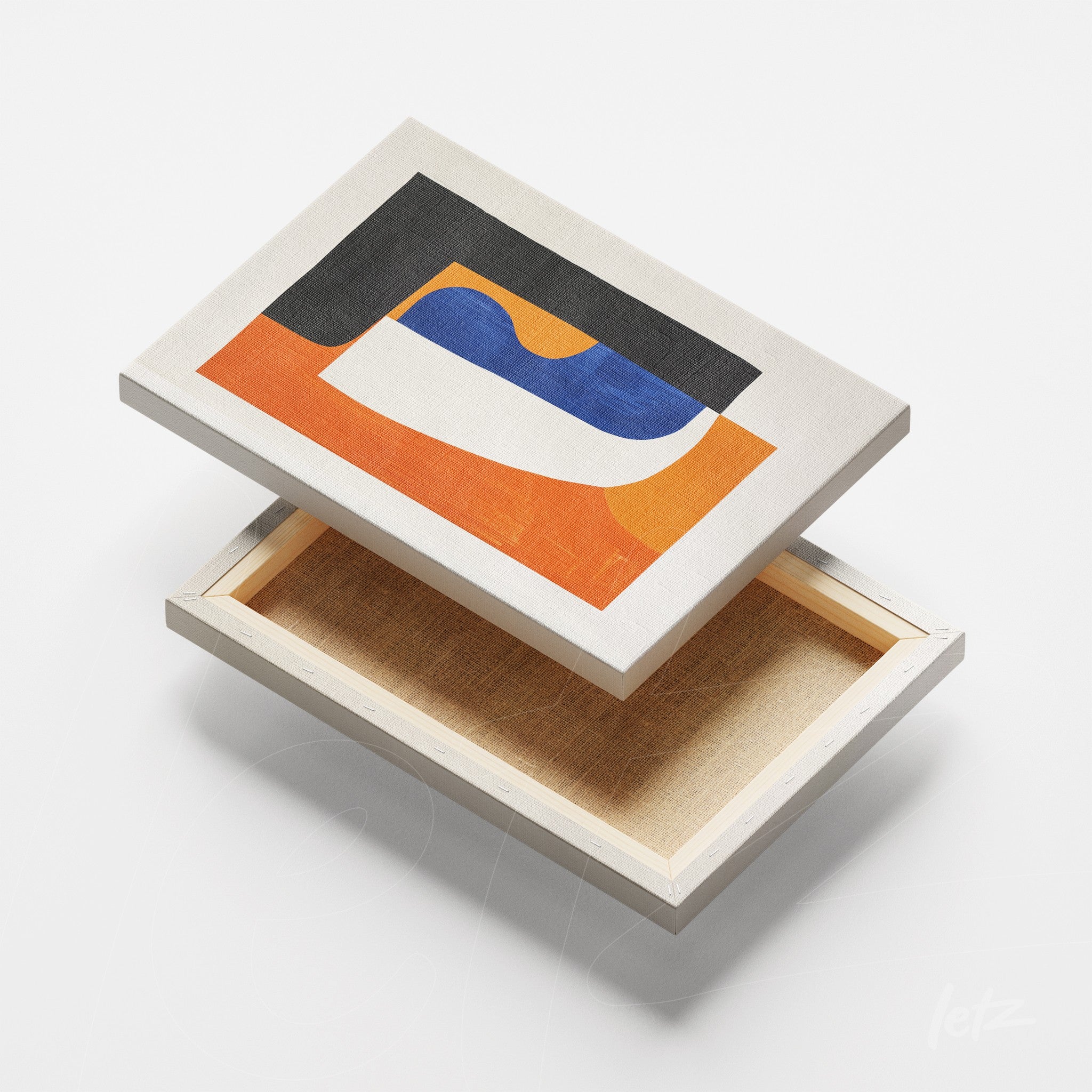 quadro em tela com design abstrato em tons de azul, laranja e preto, exibido em ângulo com fundo neutro