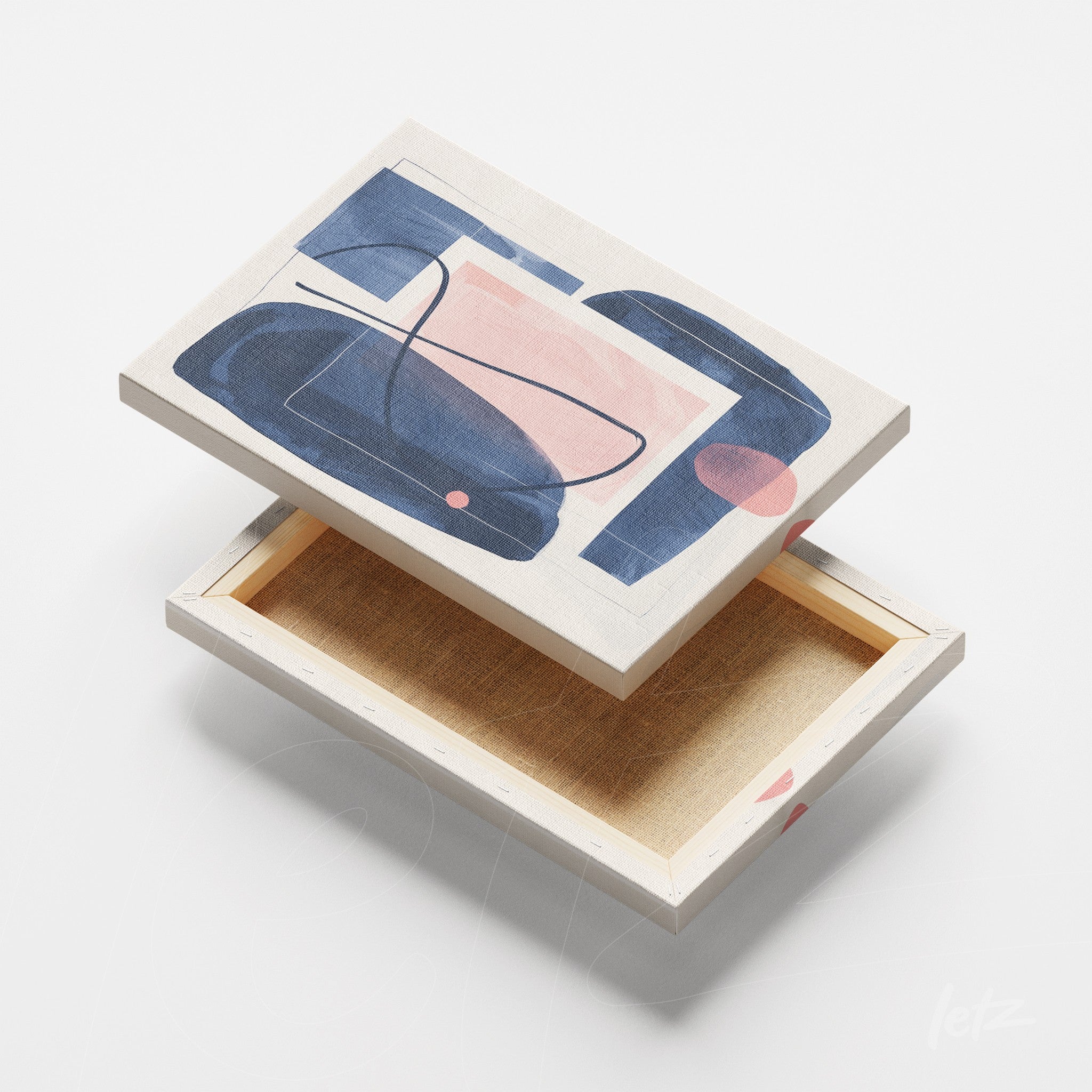 quadro com arte abstrata em tons de azul e rosa em tela canvas, com moldura clara