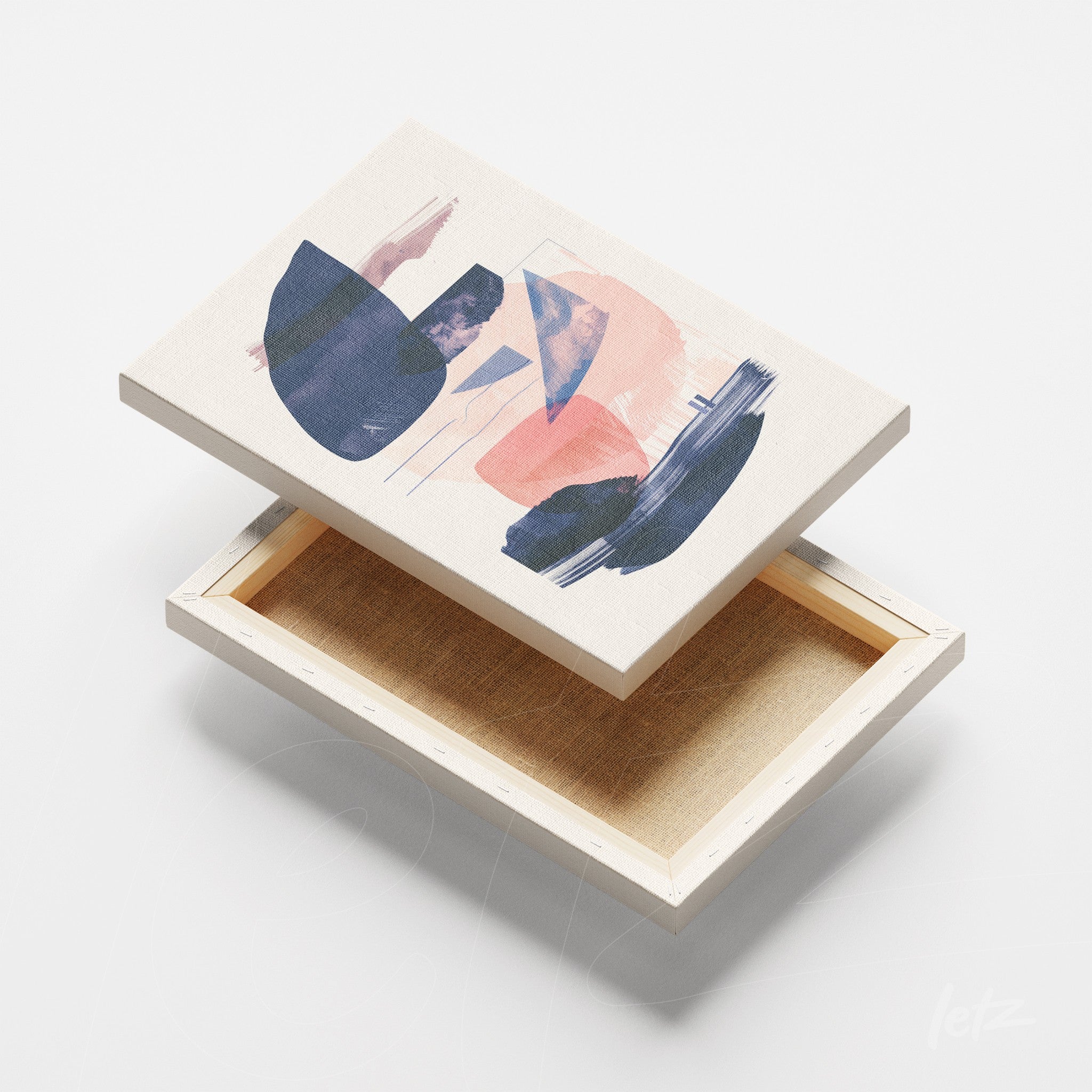 quadro em tela canvas com arte abstrata em tons azuis e pêssego, sobre fundo claro