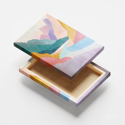 quadro em canvas com design abstrato em cores pastel, apresentando formas geométricas e texturas suaves