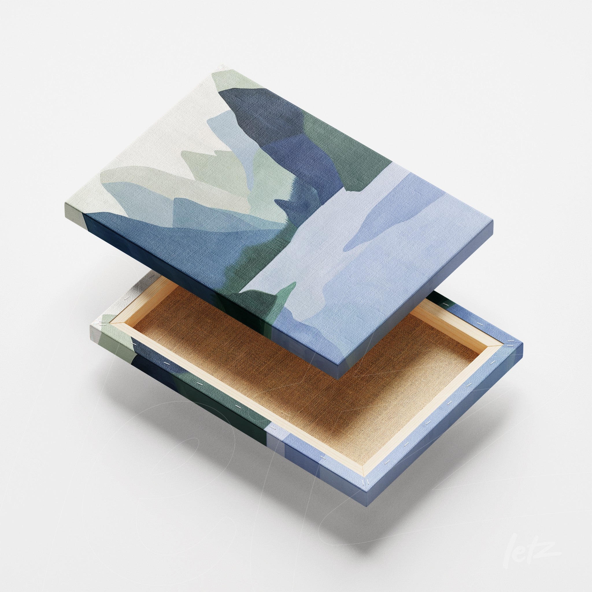 quadro em canvas com arte abstrata em tons de azul e verde, exibindo padrão orgânico