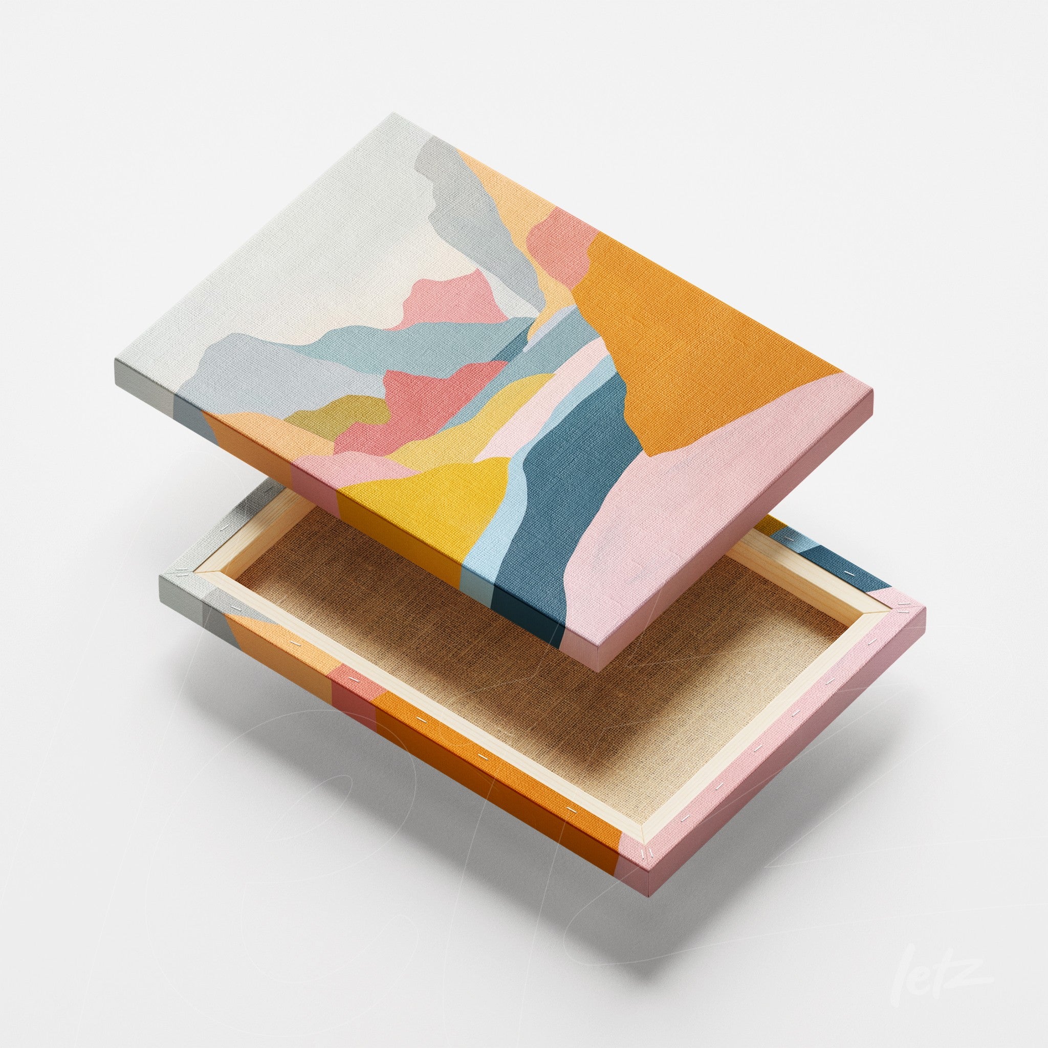 quadro em canvas com design abstrato de montanhas em cores vibrantes como amarelo, rosa e azul