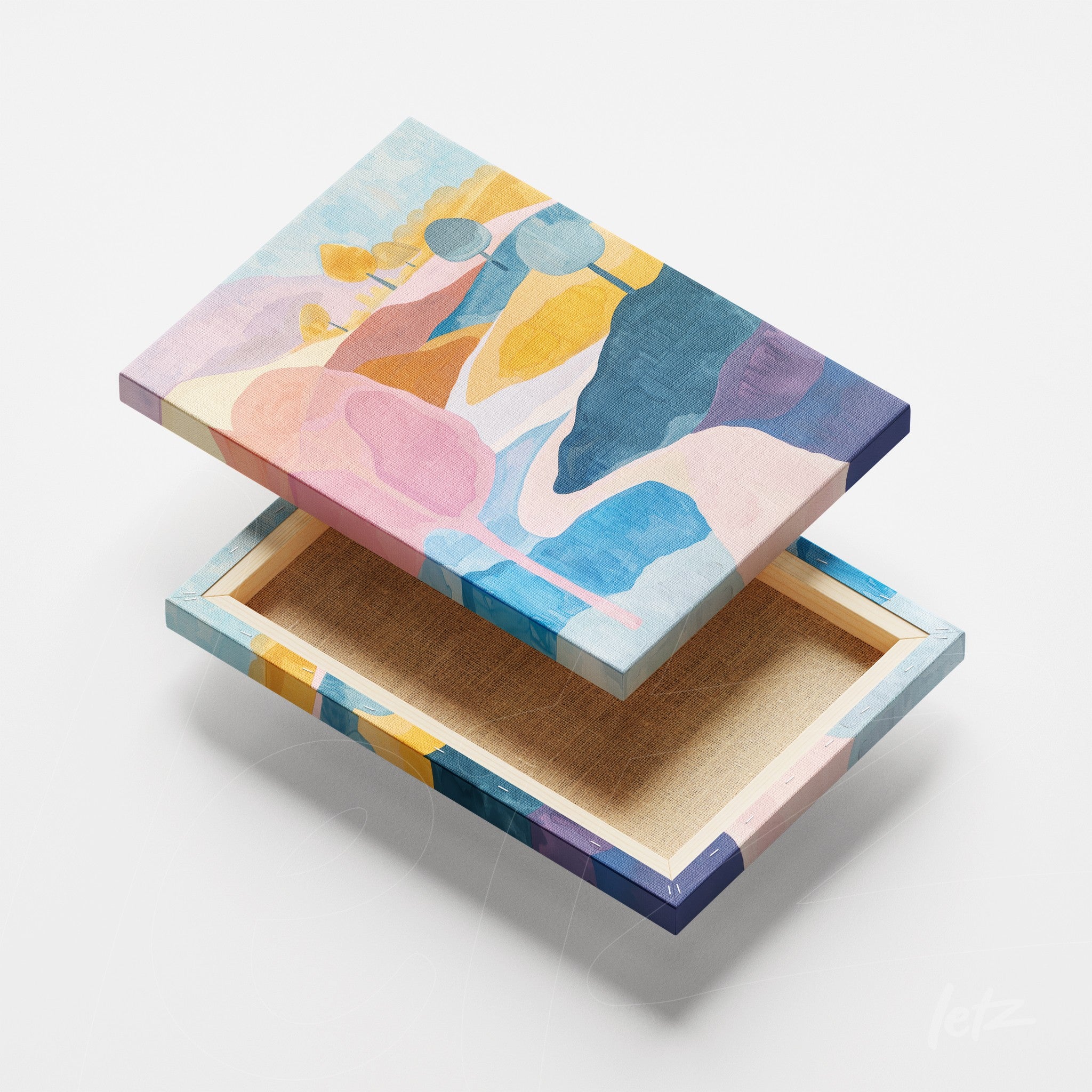 quadro em canvas com design abstrato em tons de rosa, azul e amarelo, exibido sobre fundo branco