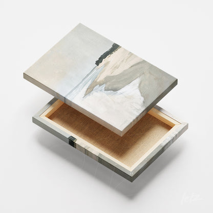 quadro em canvas com paisagem de praia e ondas suaves, moldura em tons claros