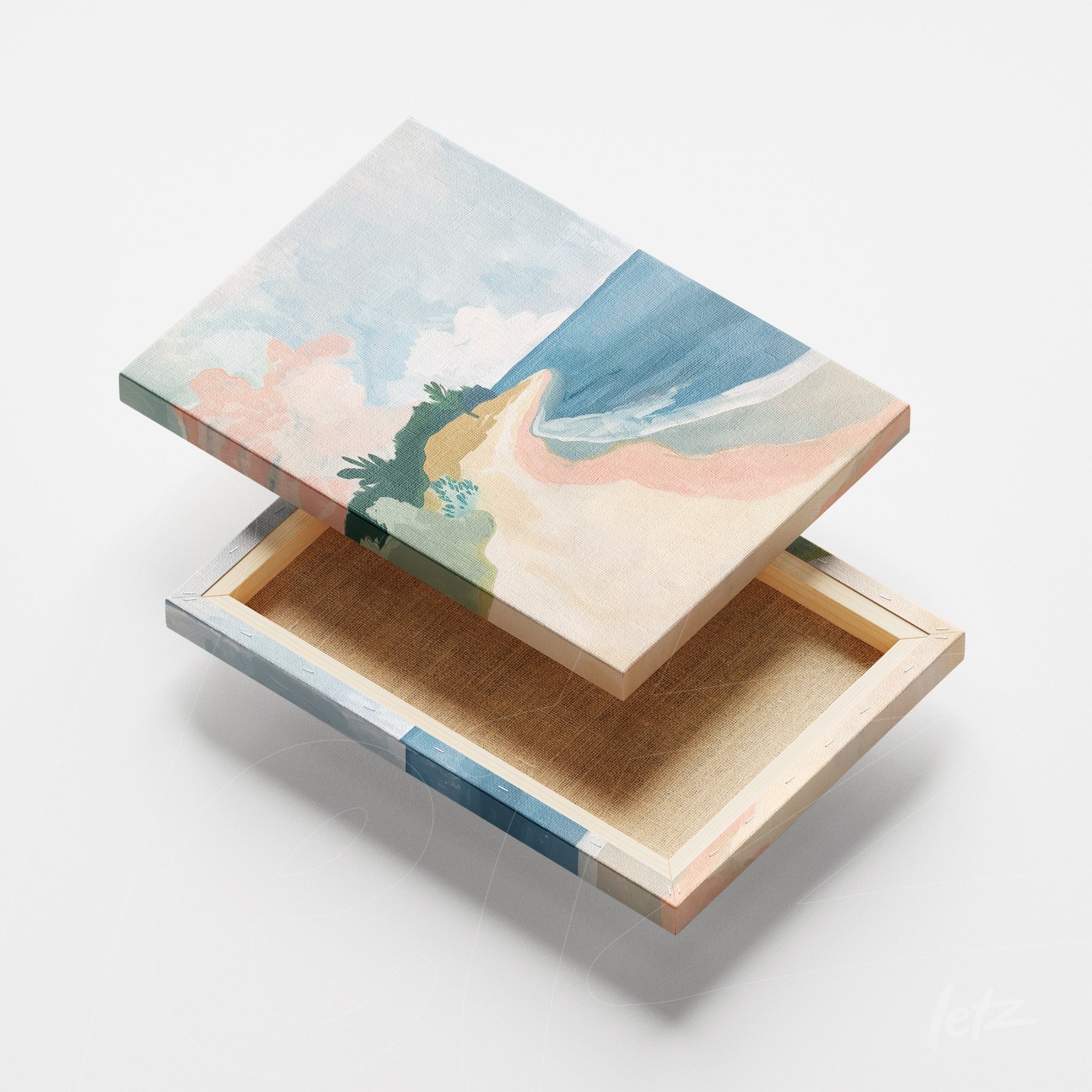 quadro em canvas com paisagem litorânea apresentando o mar azul e areia clara em estilo pintado à mão