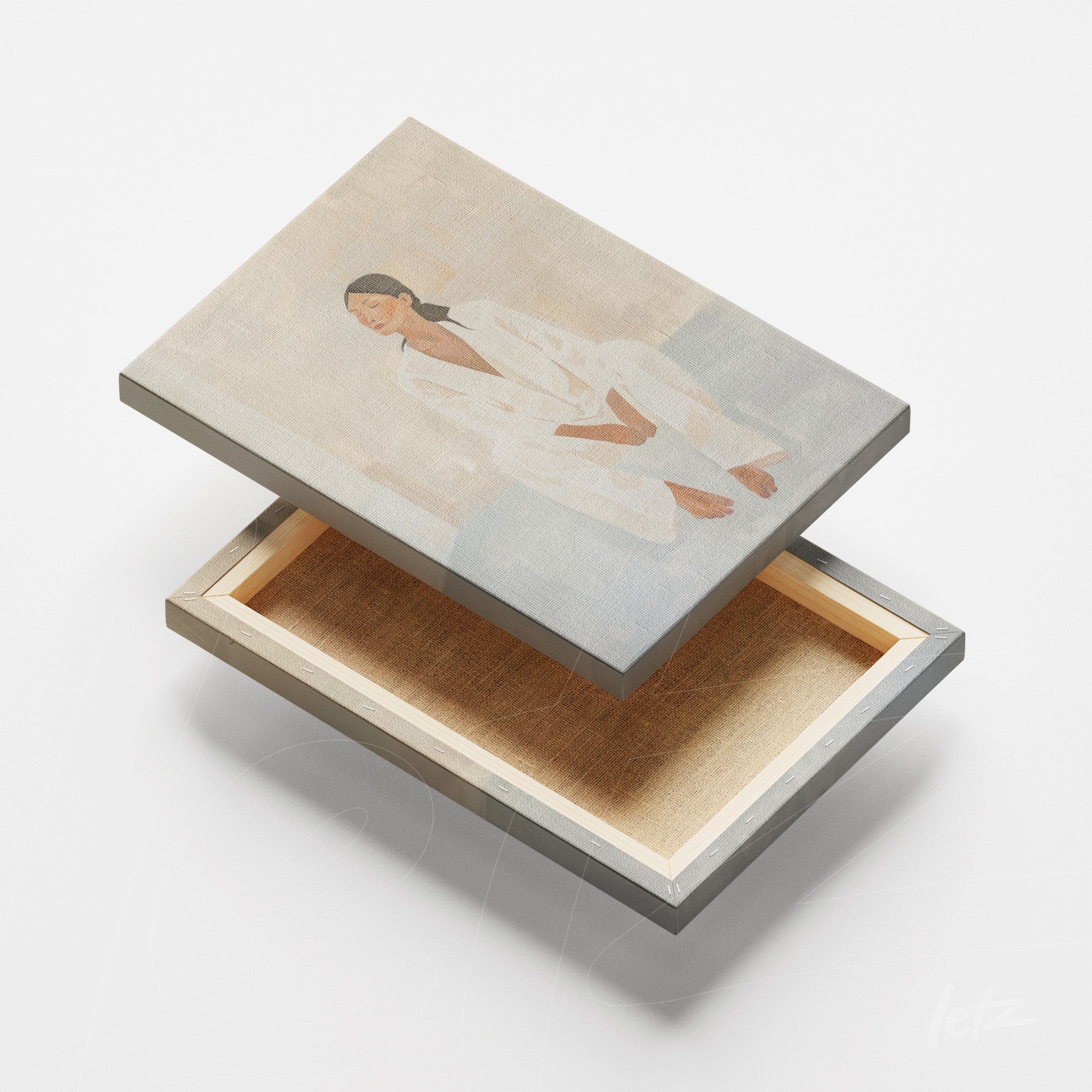 quadro em canvas com arte de retrato feminino em roupão branco exibido em fundo neutro