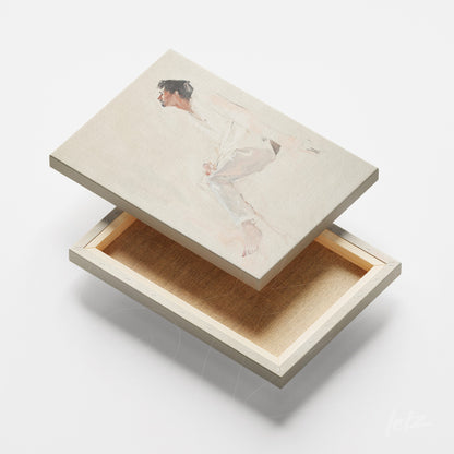 quadro em canvas com arte minimalista de figura humana em posição de movimento em fundo claro