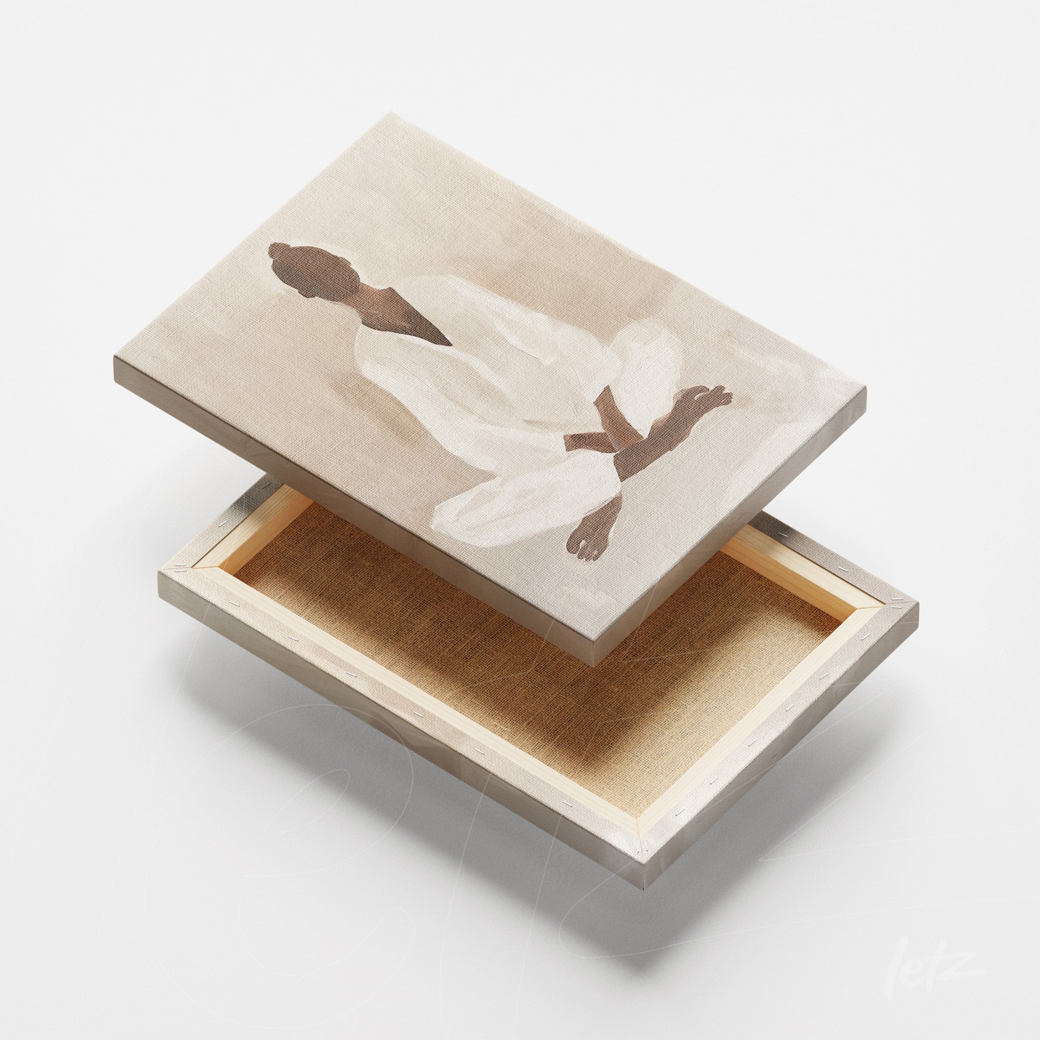 quadro em tela canvas com arte abstrata de figura humana em meditação sobre fundo neutro