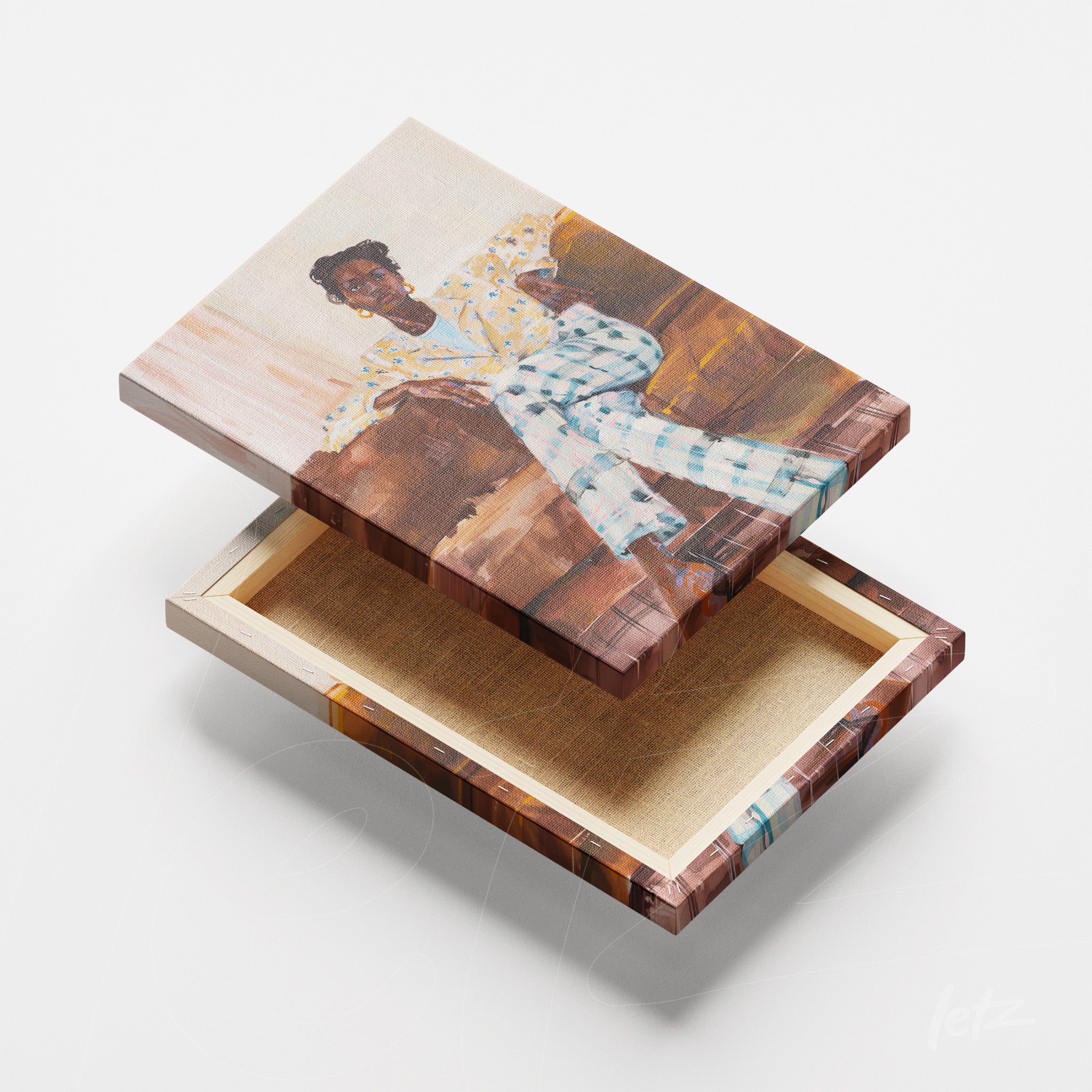 quadro em canvas com retrato de pessoa sentada em sofá, apresentando moldura com detalhes em tons quentes