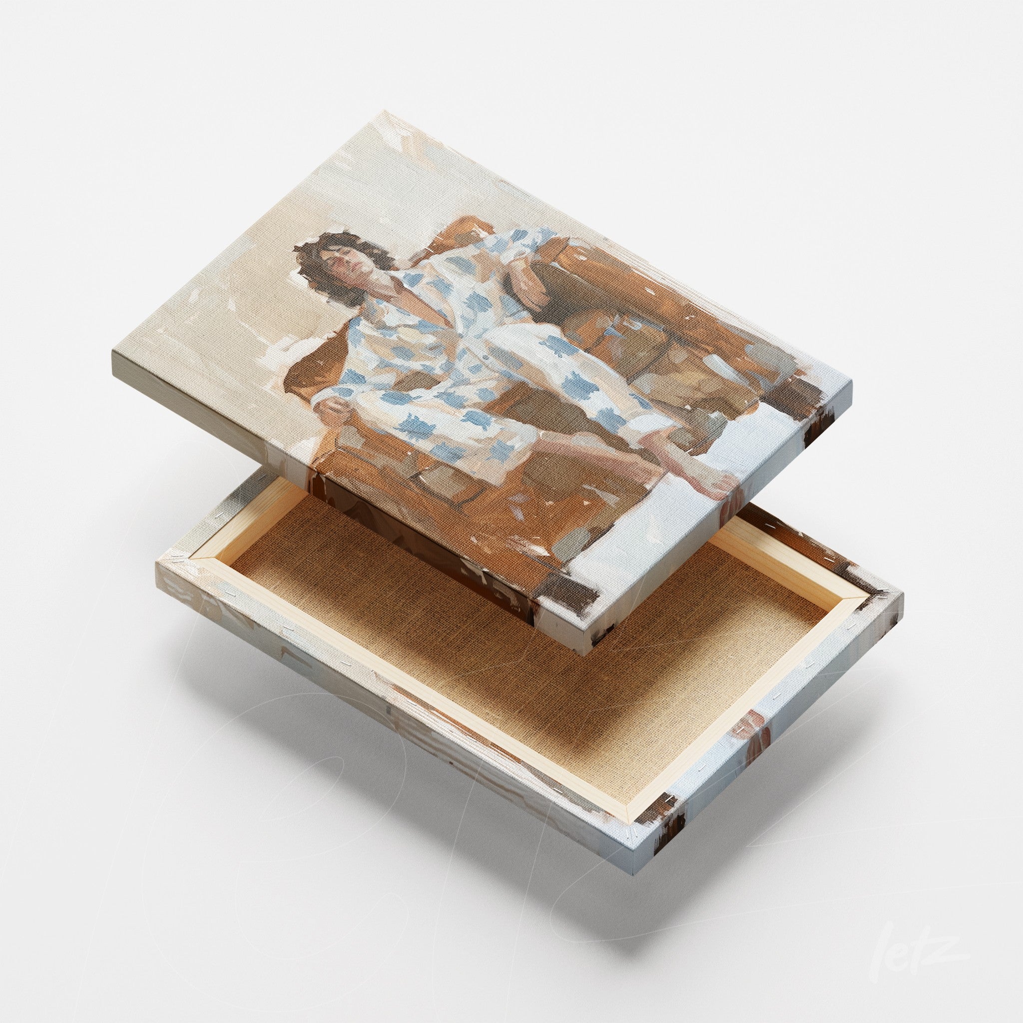 quadro em canvas com figura solene de jovem sentado em sofá, com roupas de pijama em tons claros