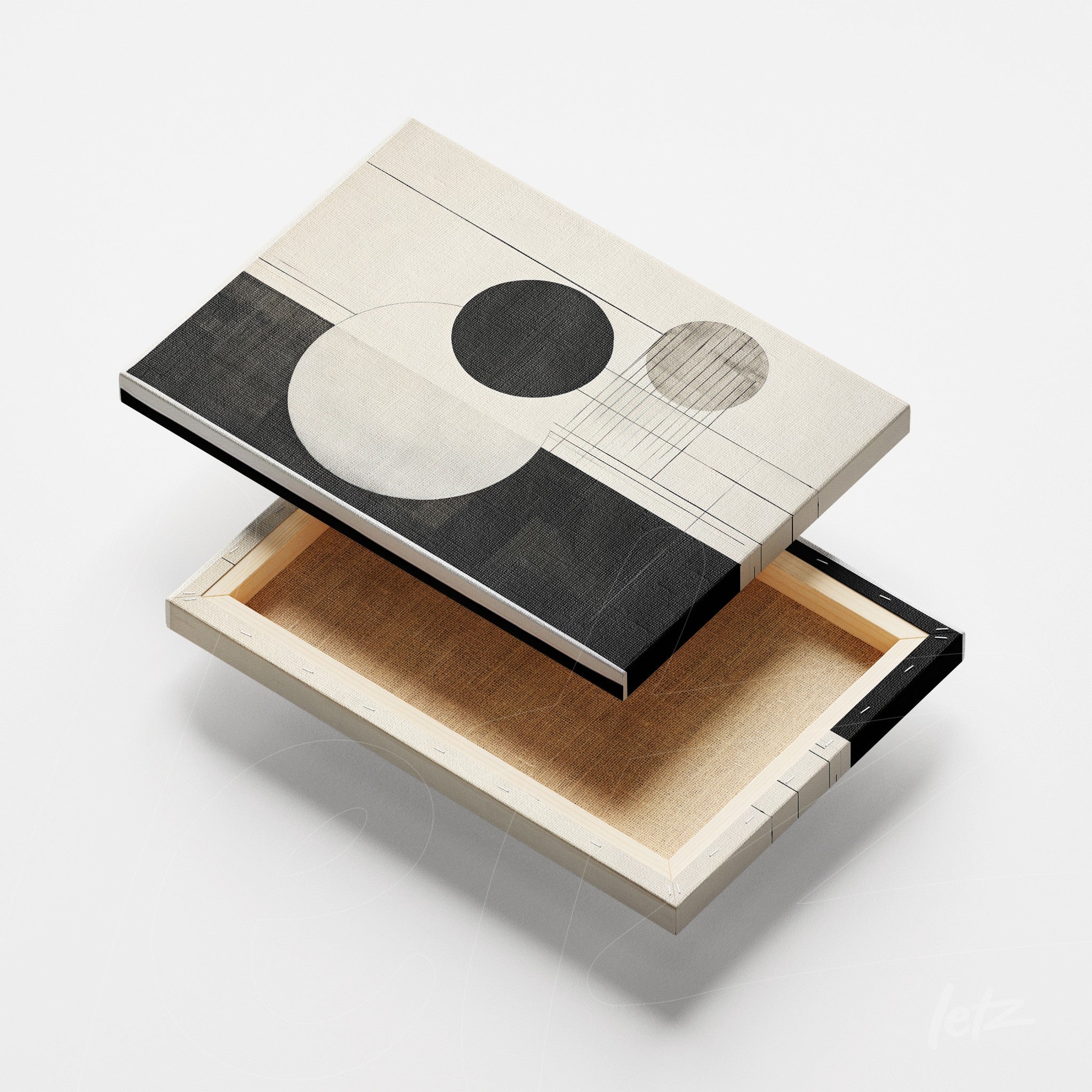 quadro em canvas com arte abstrata em cores neutras e formas geométricas, incluindo círculos e linhas pretas em fundo claro