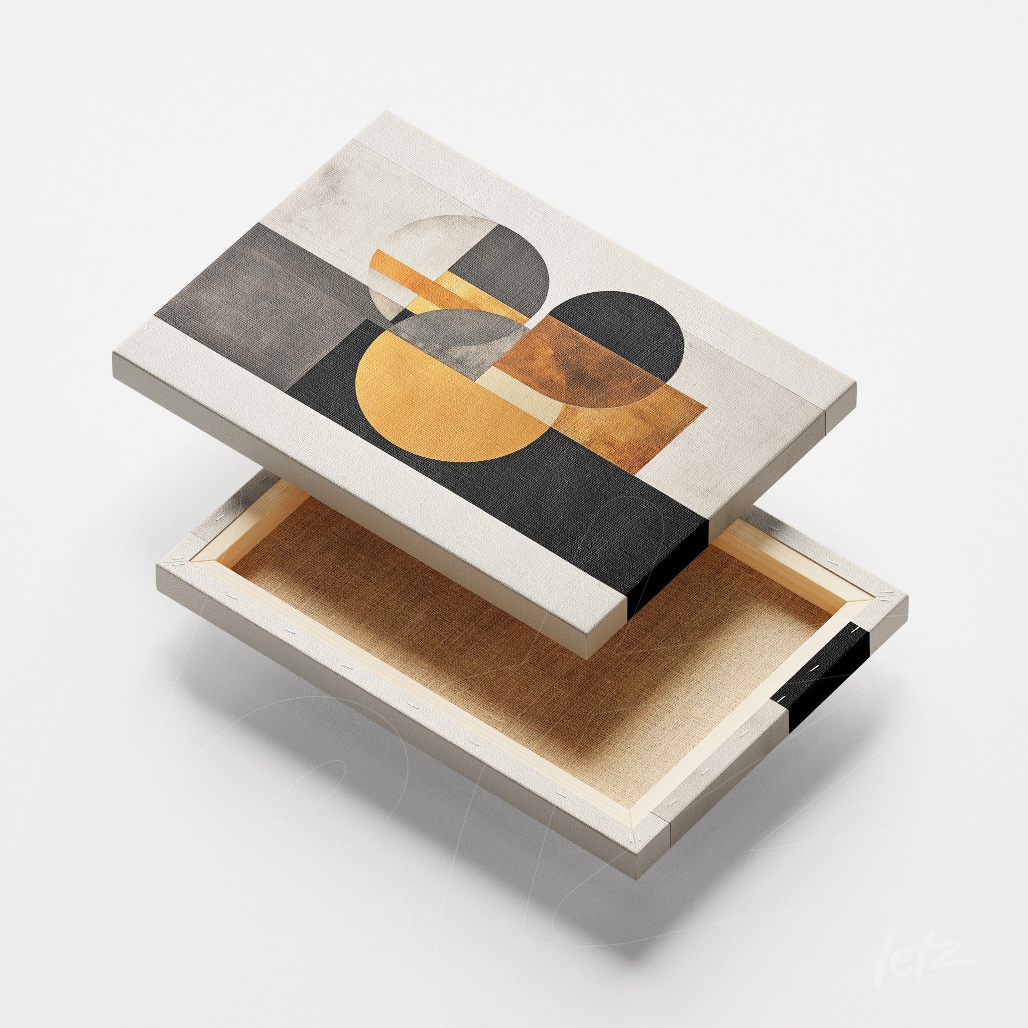 quadro em canvas com design abstrato em tons neutros e formas geométricas circulares