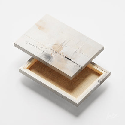 quadro em canvas com arte abstrata em tons neutros, exibido com moldura leve e abertura