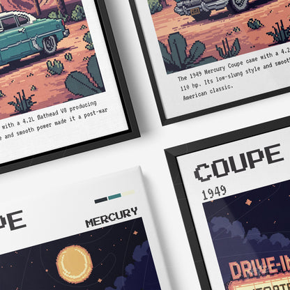 composição de quadros com ilustrações em pixel art de um carro Mercury Coupe de 1949 em molduras pretas, contendo informações sobre o veículo