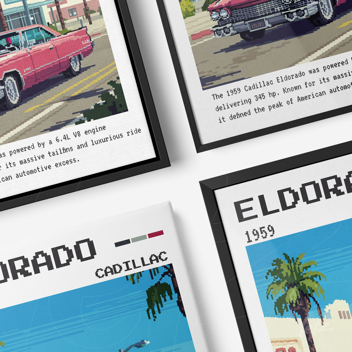 composição de quadros com arte digital de Cadillac Eldorado de 1959 em molduras pretas, apresentando detalhes do carro e fundo urbano com palmeiras
