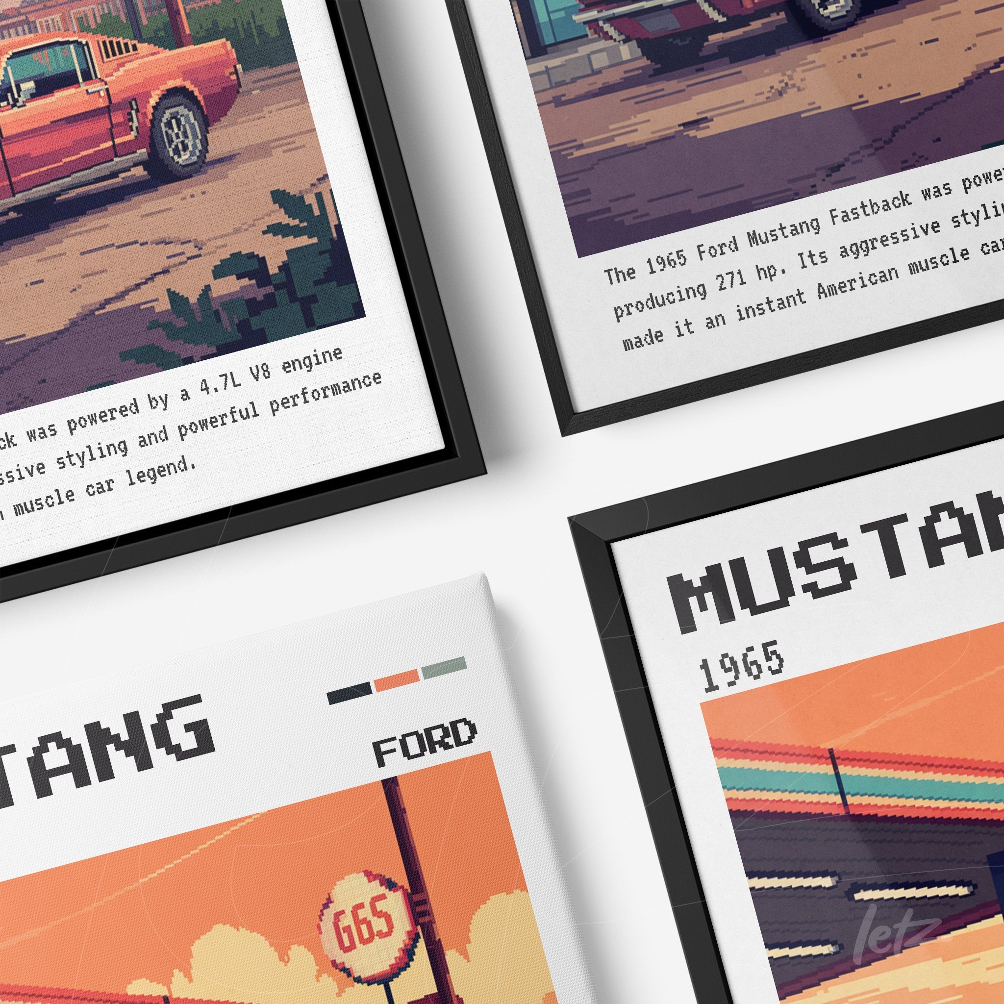 composição de quadros com ilustrações de carros clássicos Ford Mustang, com molduras preta e branca exibindo estilo retrô e cores vibrantes