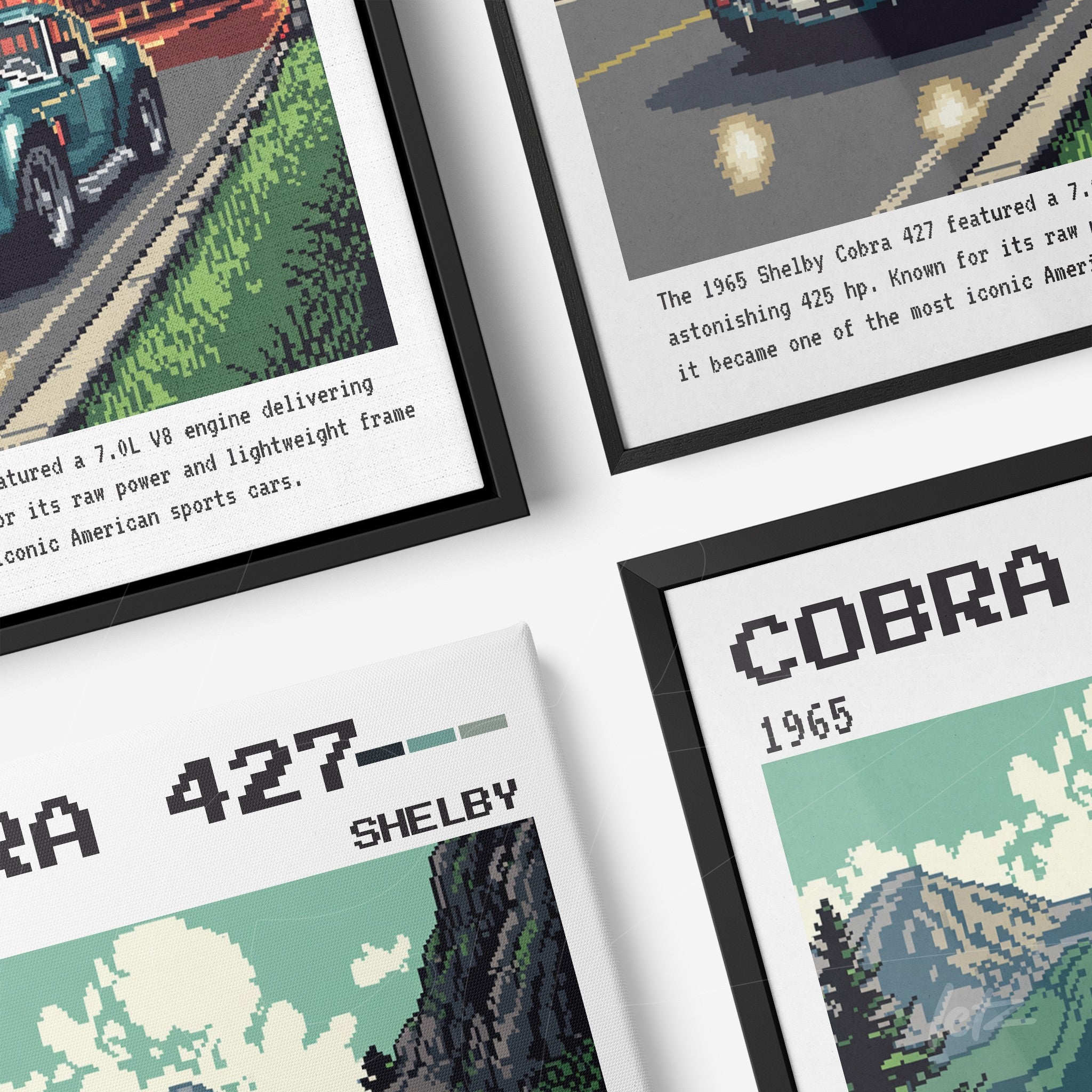 composição de quadros com arte digital de carros clássicos, incluindo um Shelby Cobra 427 em molduras pretas