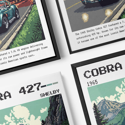 composição de quadros com arte digital de carros clássicos, incluindo um Shelby Cobra 427 em molduras pretas