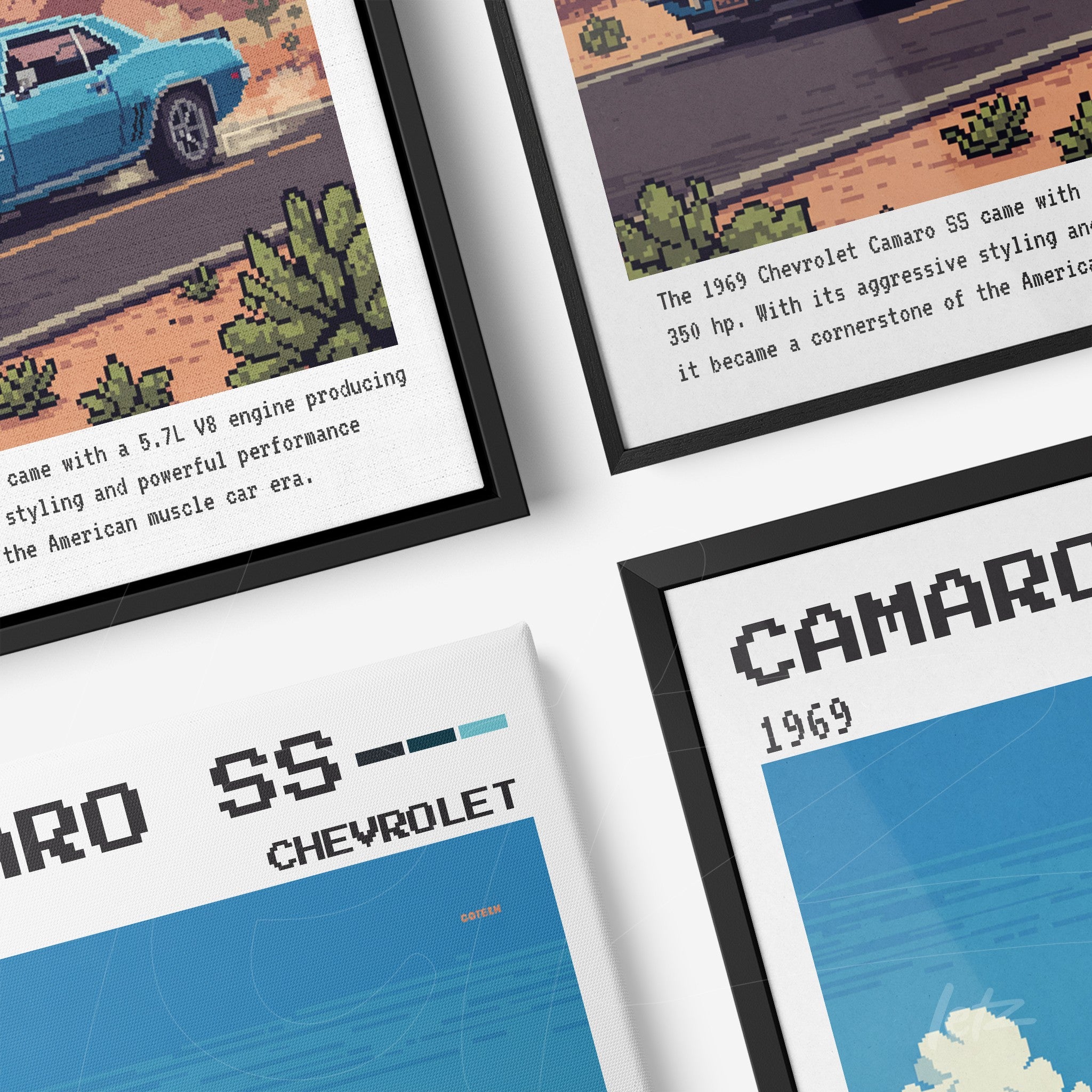 composição de quadros decorativos com arte pixelada do Chevrolet Camaro SS de 1969 em molduras preta e branca
