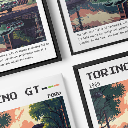 composição de quadros com arte digital do Ford Torino GT de 1969 em dois estilos de moldura, destacando o carro em uma cena nostálgica
