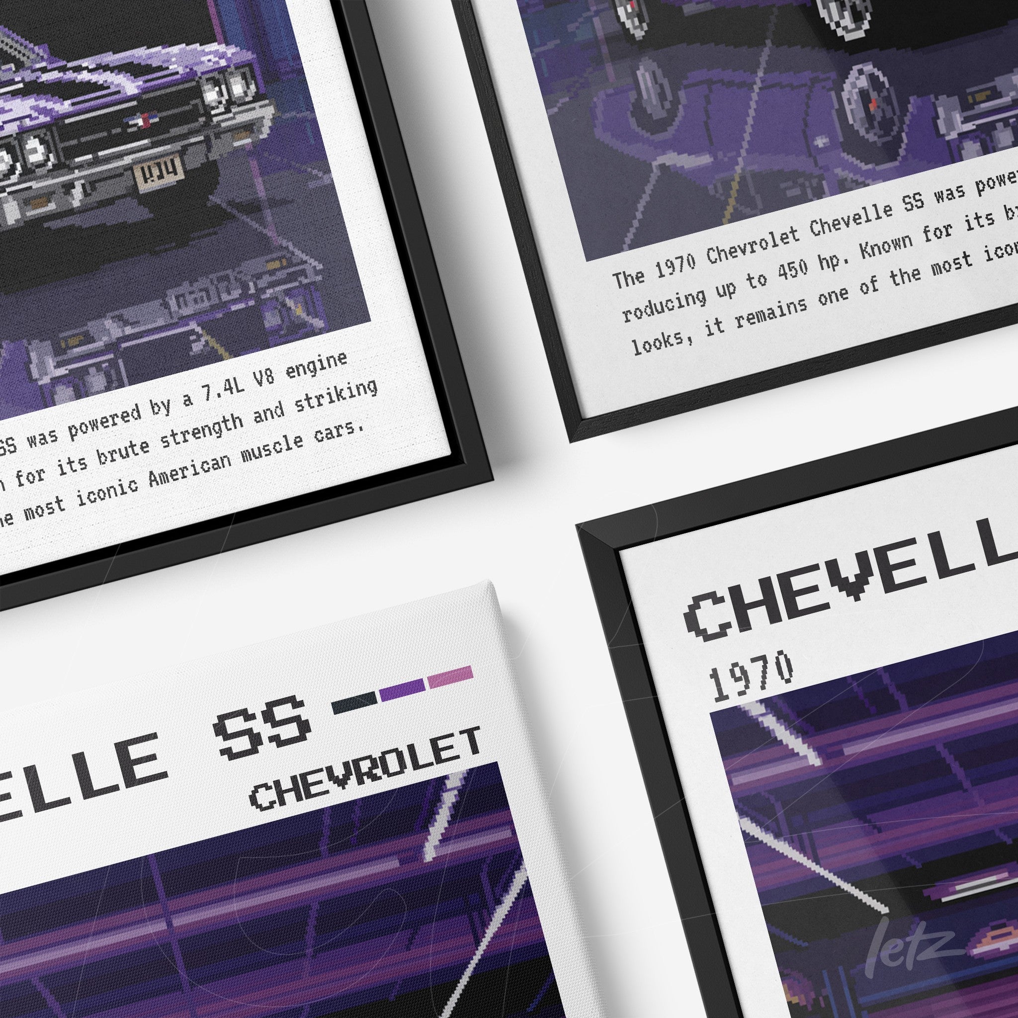 composição de quadros com arte digital dos carros Chevelle SS de 1970 em molduras pretas