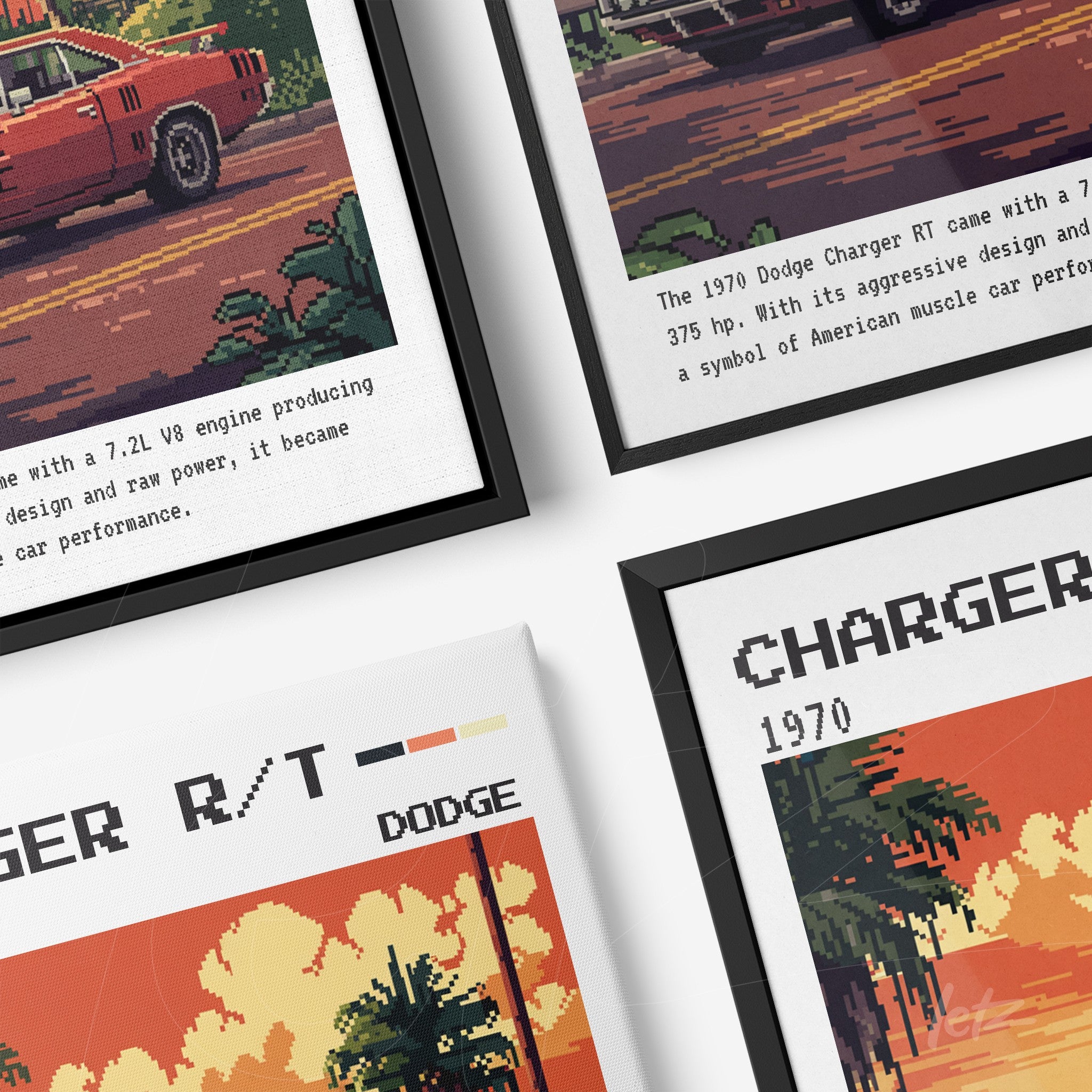 composição de quadros com arte de carros antigos em molduras pretas e brancas, destacando o Dodge Charger R/T de 1970 e seu design retro