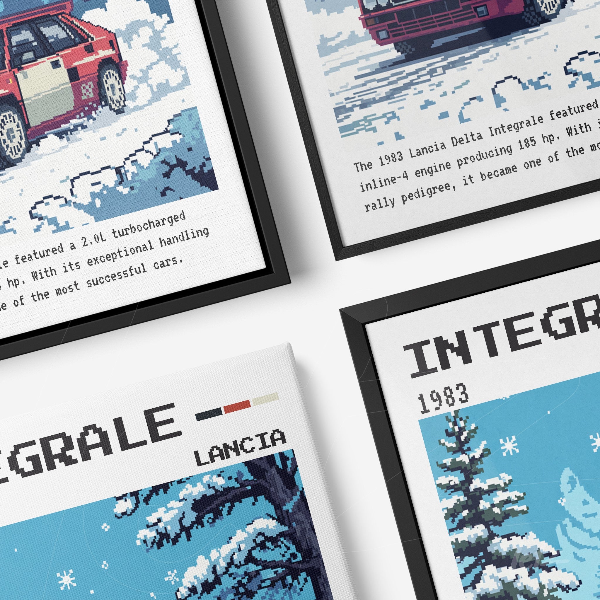 composição de quadros decorativos com ilustrações pixeladas do carro Lancia Delta Integrale sobre fundo de inverno, molduras em preto e branca